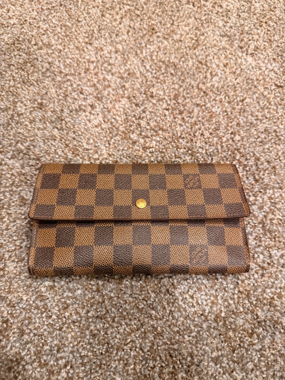 Louis Vuitton Damier Ebene Checkerboard Brown Wallet with Gold Snap